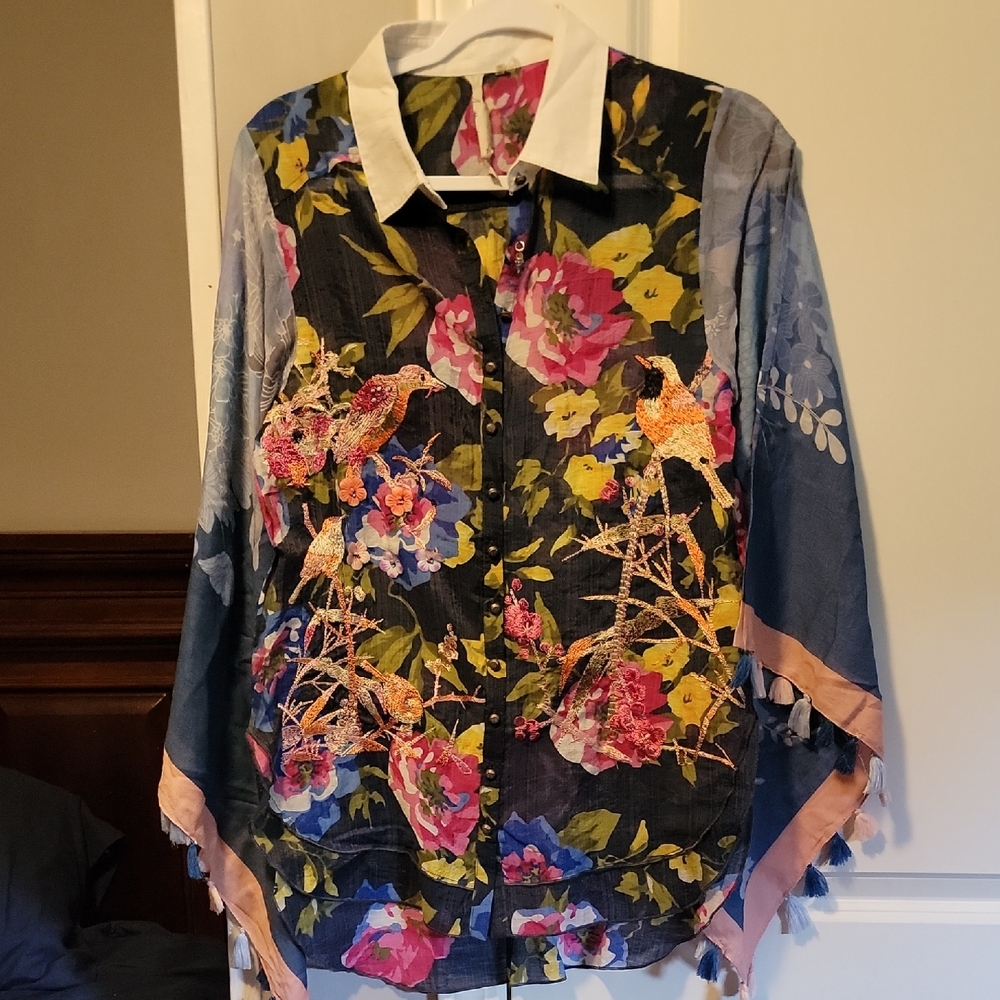 Floral Embroidered Blouse with Birds